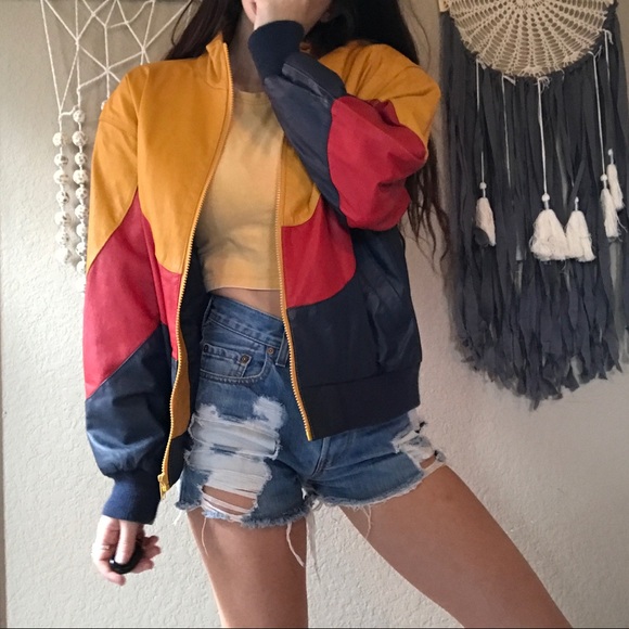 Vintage real leather color block bomber jacket - Picture 3 of 8